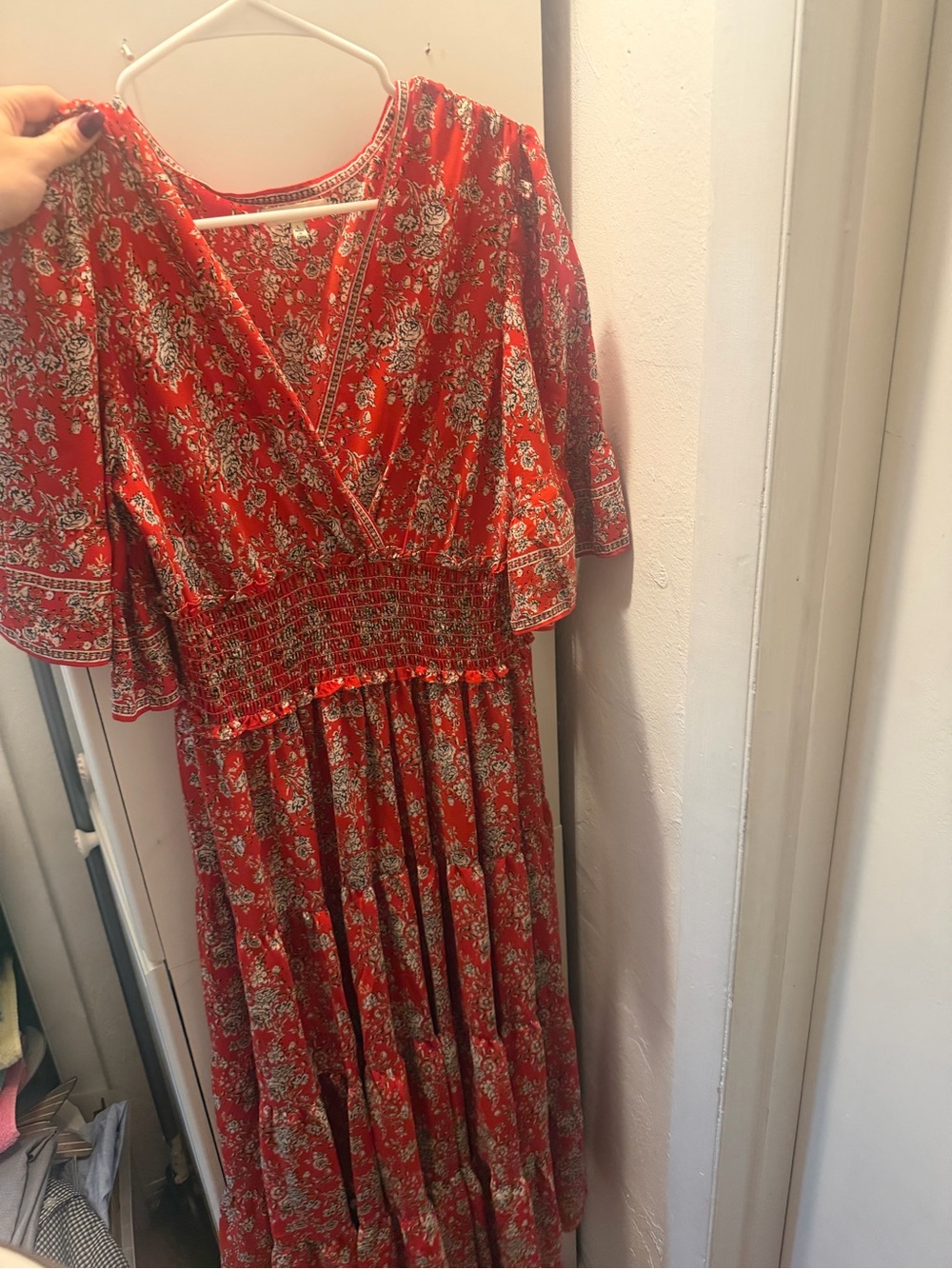 Max Studio Red Floral Maxi Dress with Smocked Waist